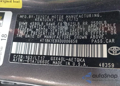 2013 Toyota Avalon Xle Touring z USA, uszkodzony, nr VIN 4T1BK1EBXDU006658